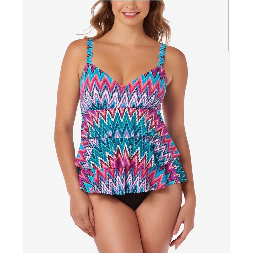Swim Solutions Island Sunset Tummy-Control Tiered One-Piece Swimsuit  size 8